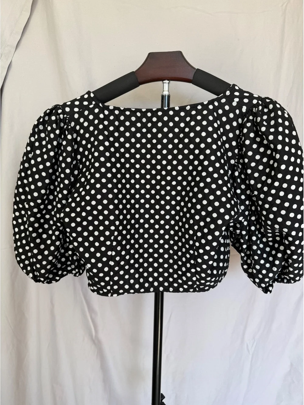 Free People Polka Dot Puff Sleeve Crop Top Blouse Black White Size 4 Boho